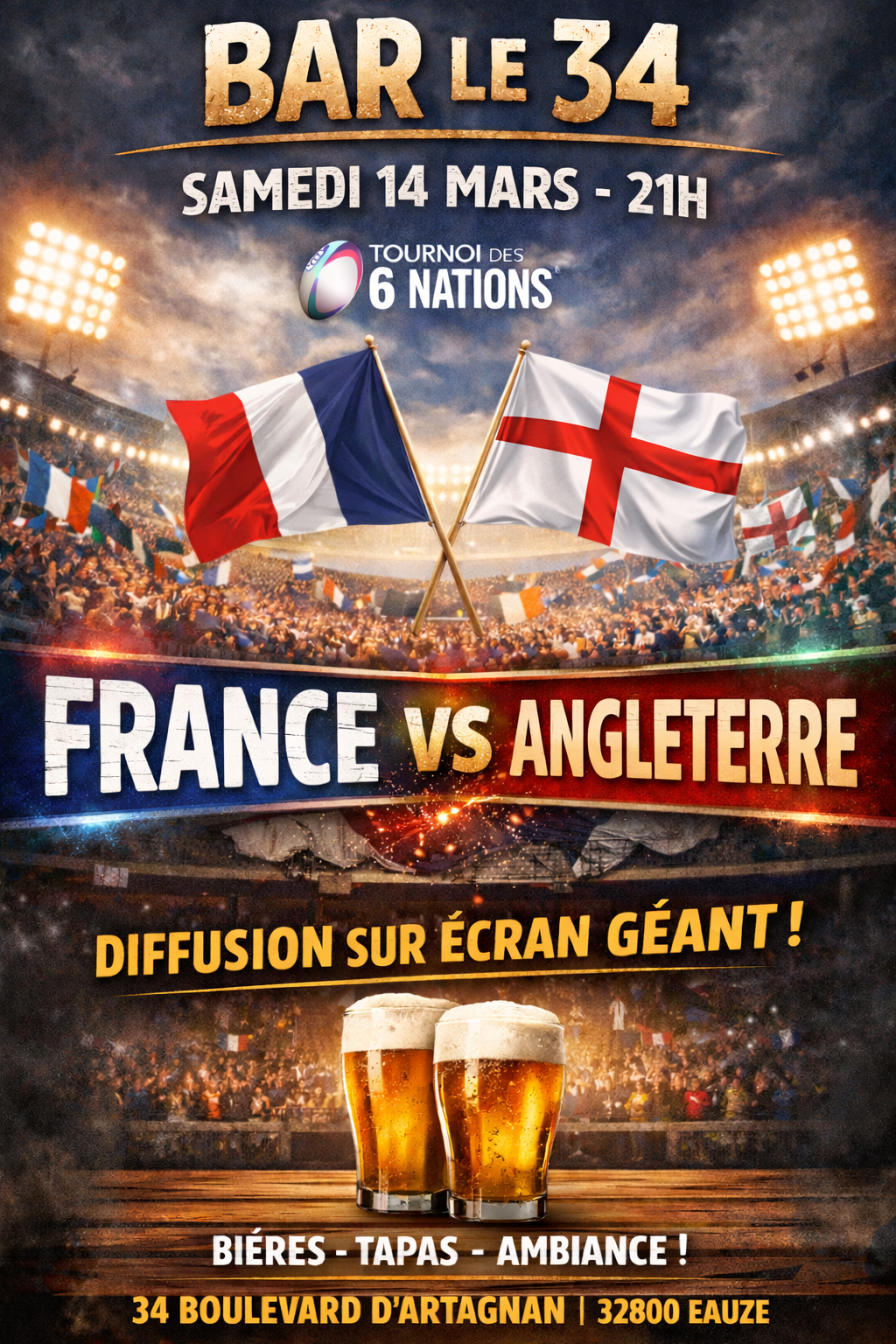 DIFFUSION MATCH RUGBY TOURNOI DES 6 NATIONS AU BAR LE 34