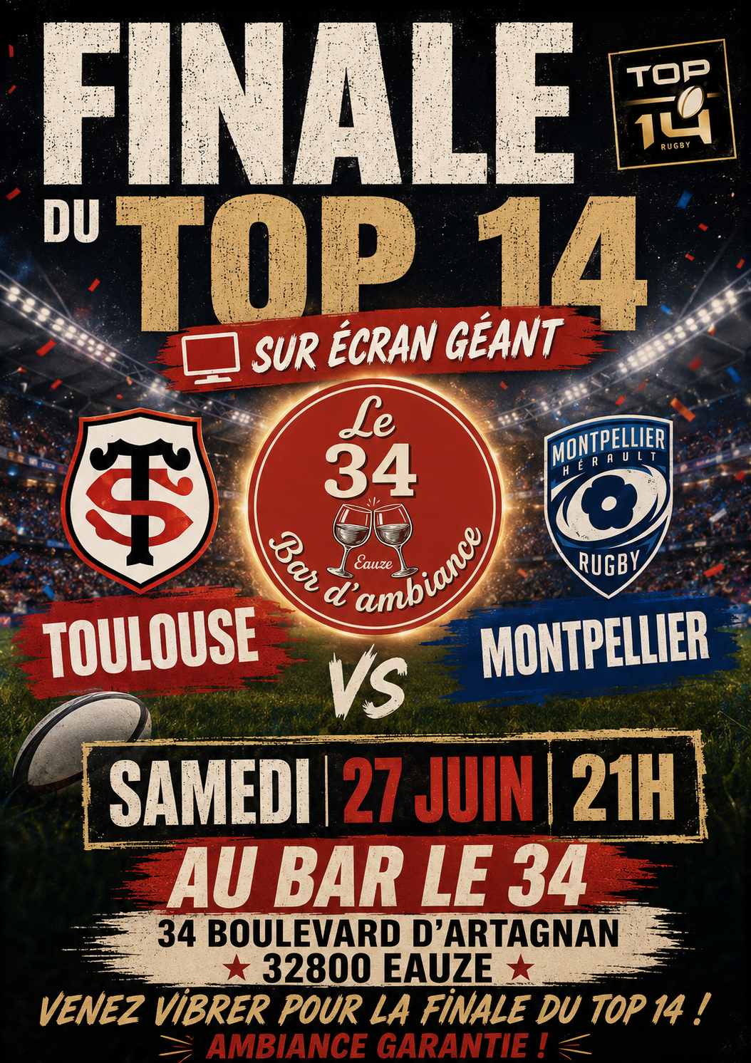 Diffusion de la finale du top 14 sur écran géant au Bar le 34