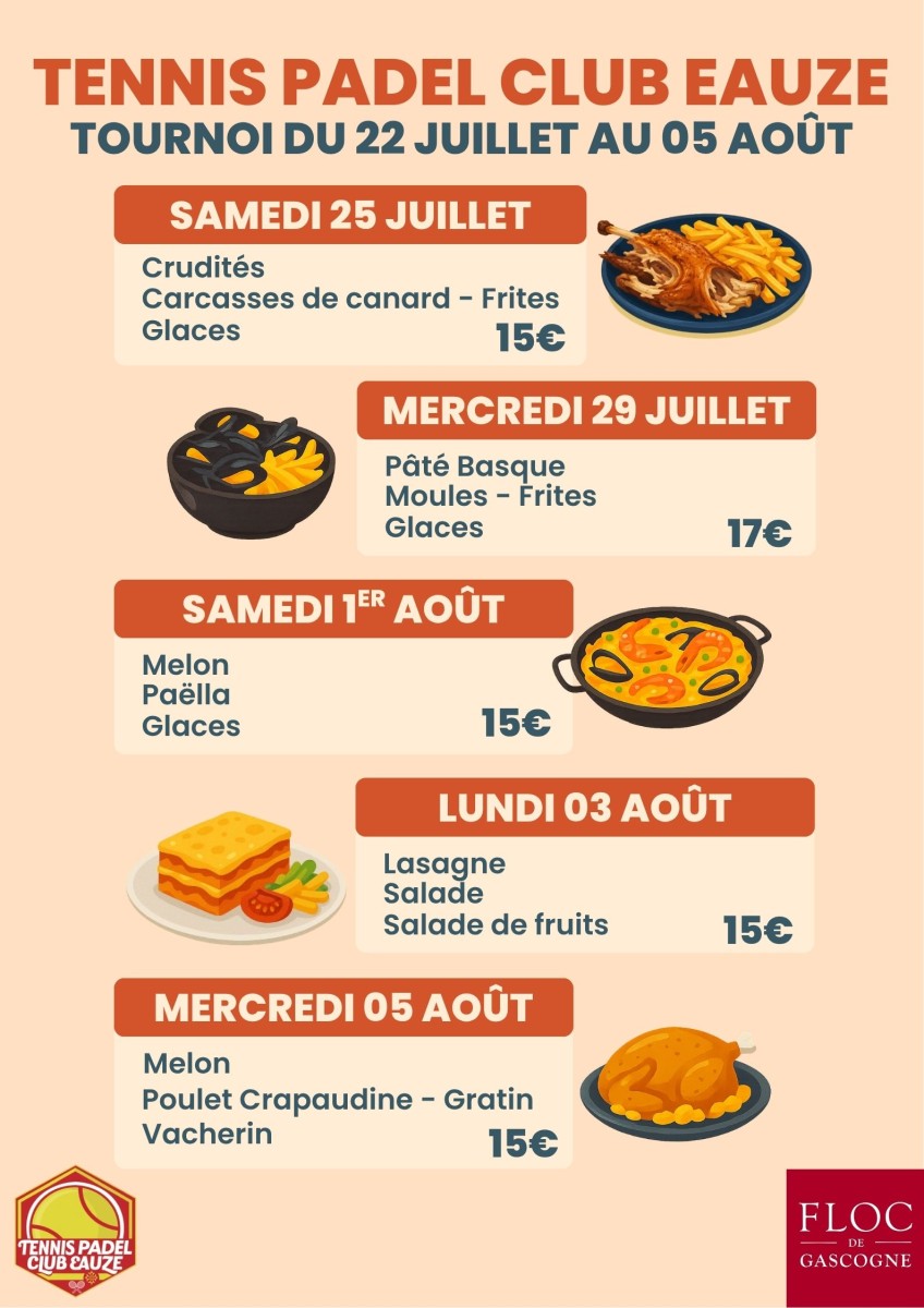 🎾 Tournoi d'été du tennis club d'Eauze – Venez profiter de nos repas !