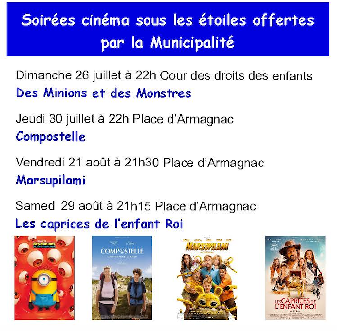 Soirées cinéma sous les étoiles offertes par la Municipalité (gratuit)