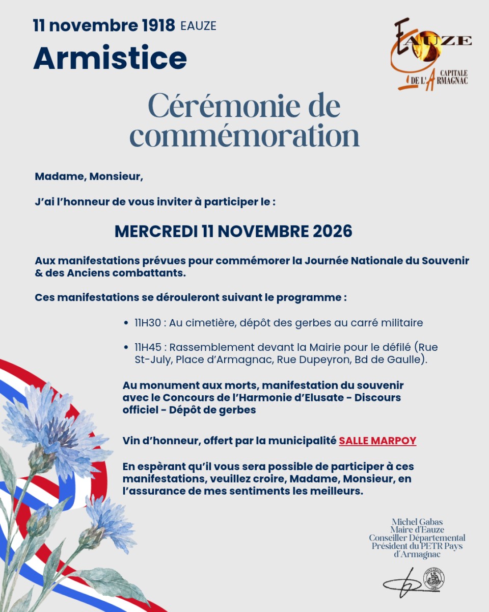 COMMÉMORATION & DÉFILÉ- MERCREDI 11 NOVEMBRE